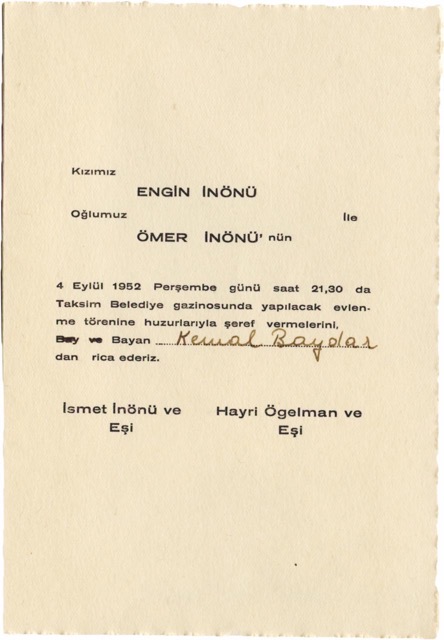  İsmet İnönü’nün, oğlunun düğününe davetiyesi.