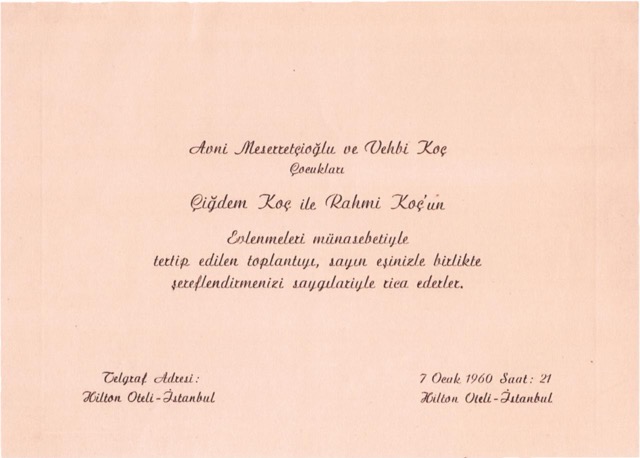 M. Rahmi-Çiğdem Koç çiftinin evlilik davetiyesi